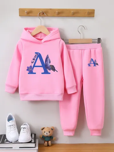 Girl's Winter Sweet Letter Print Fleece-Lined Hoodie and Pants Two-Piece Set