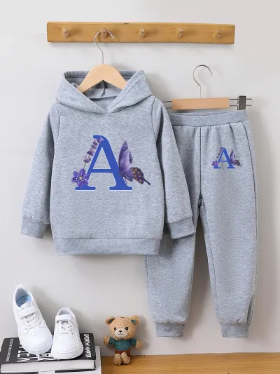Girl's Winter Sweet Letter Print Fleece-Lined Hoodie and Pants Two-Piece Set