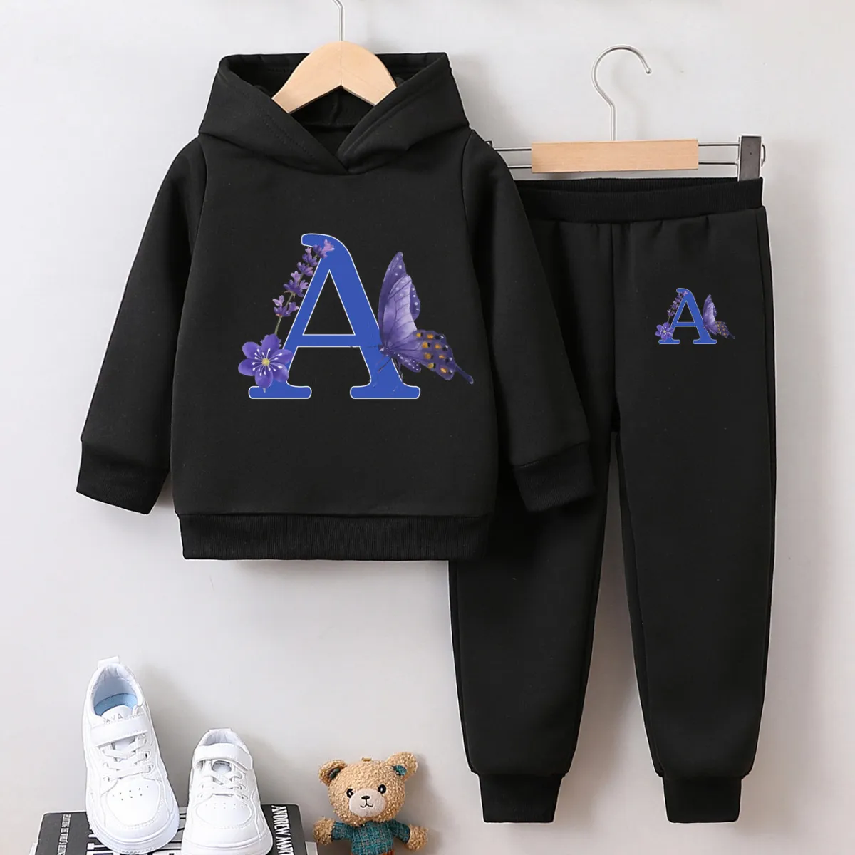 Girl's Winter Sweet Letter Print Fleece-Lined Hoodie and Pants Two-Piece Set