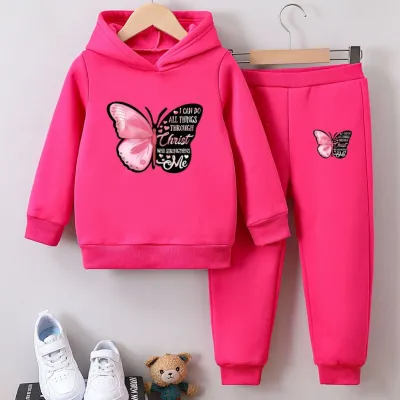 Girl's Winter Fashion Butterfly Print Fleece-Lined Warm Hoodie And Pants Two-Piece Set