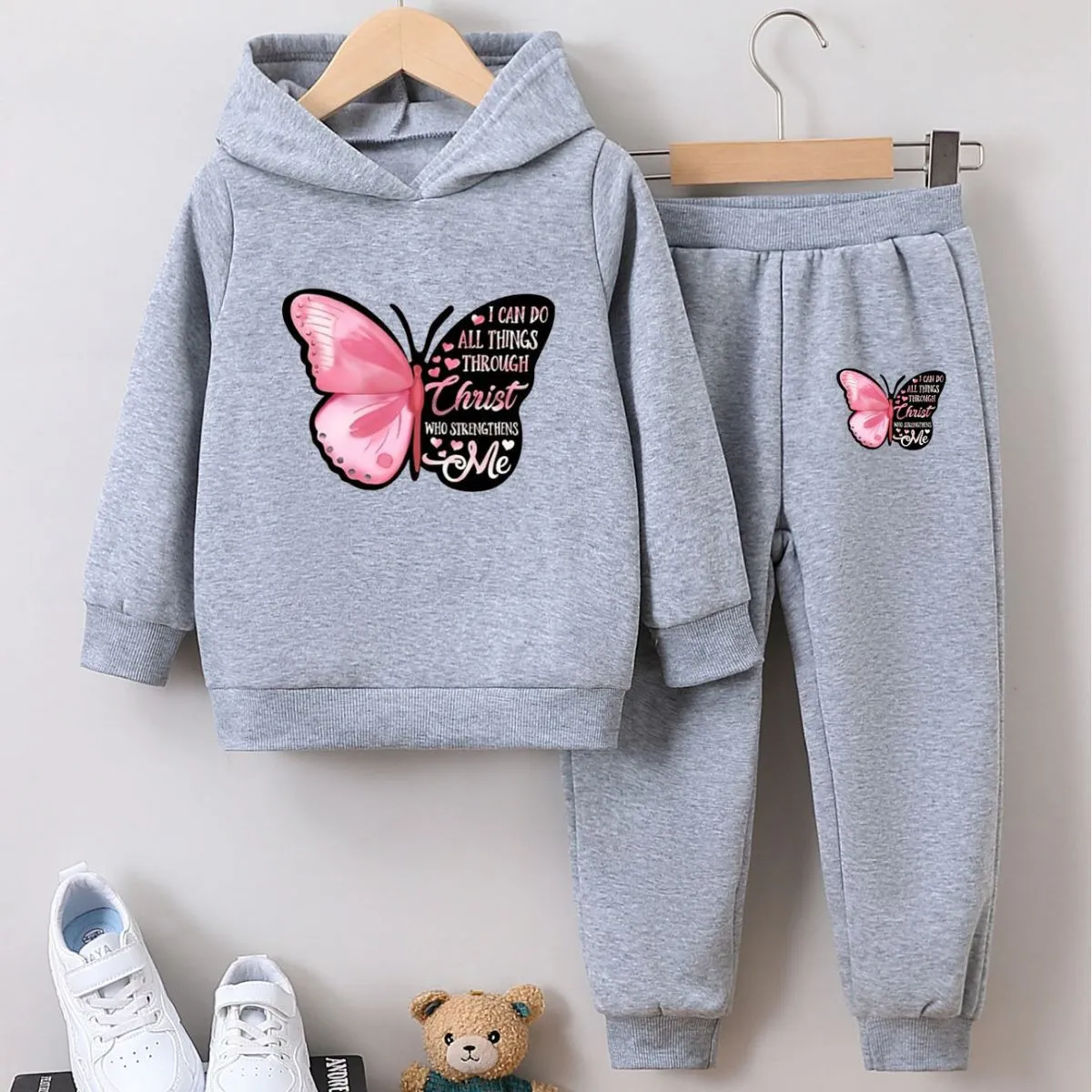Girl's Winter Fashion Butterfly Print Fleece-Lined Warm Hoodie And Pants Two-Piece Set
