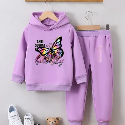 Girl's Winter Fashion Butterfly Print Hoodie and Pants Fleece-Lined Warm Two-Piece Set