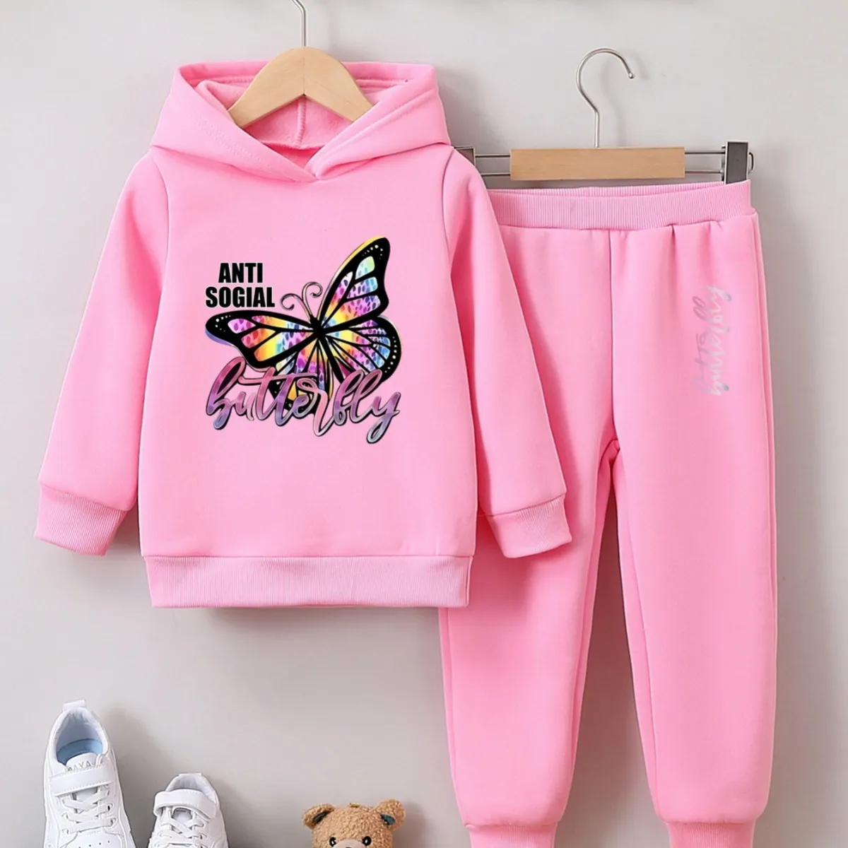 Girl's Winter Fashion Butterfly Print Hoodie and Pants Fleece-Lined Warm Two-Piece Set