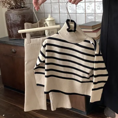 Girl's Winter Stripe Two-Piece Turtleneck Sweater And Pants Set