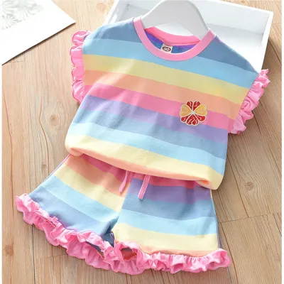 Girls Fashion Rainbow Stripe Print Ruffled Shorts Two-Piece Set