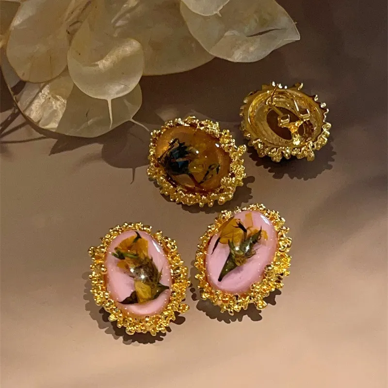 Women Fashion Creative Multicolor Dried Flower Amber Vintage Earrings