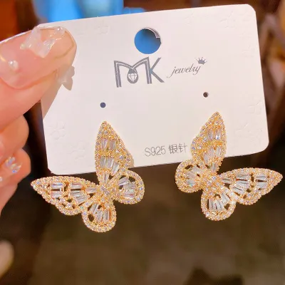 Women Fashion Butterfly Rhinestone Earrings Copper