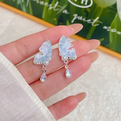 Women Fashion Blue Bow Crystal Earrings