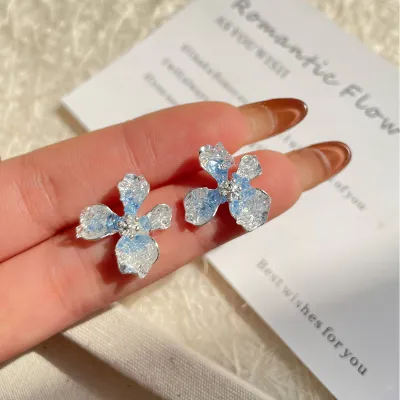 Women Fashion Blue Bow Crystal Earrings