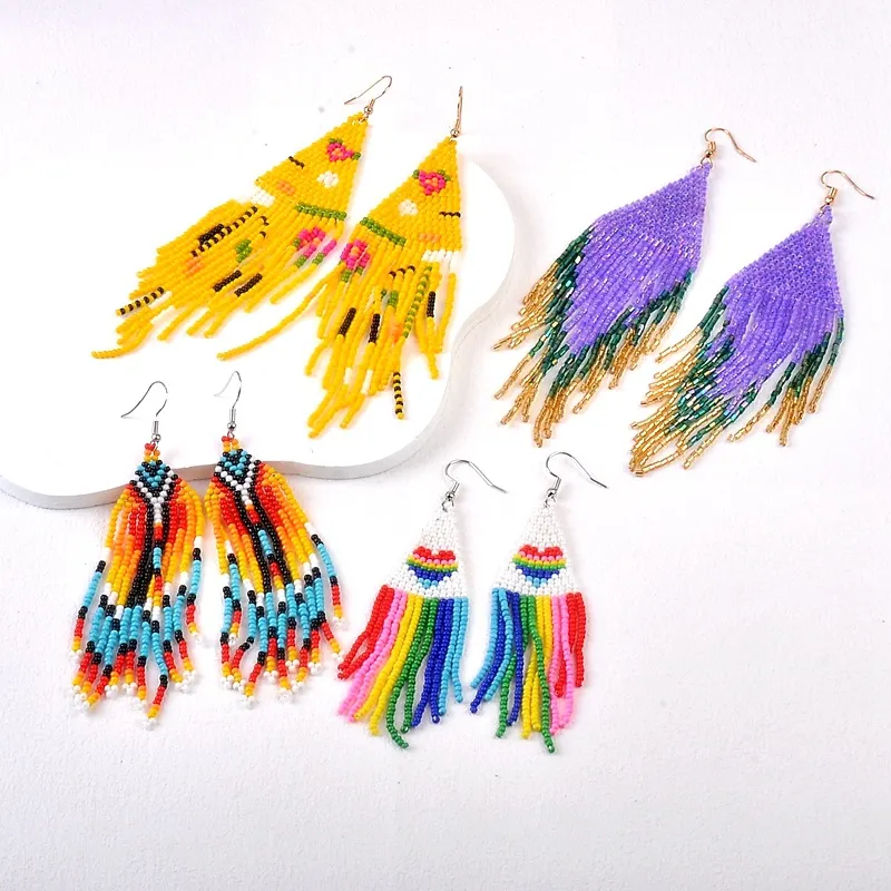 Women Fashion Bohemian Rice Beads Tassel Geometric Earrings