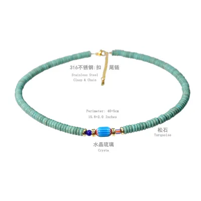 Women Fashion Simple Ethnic Turquoise Beaded Ball Chain Necklace