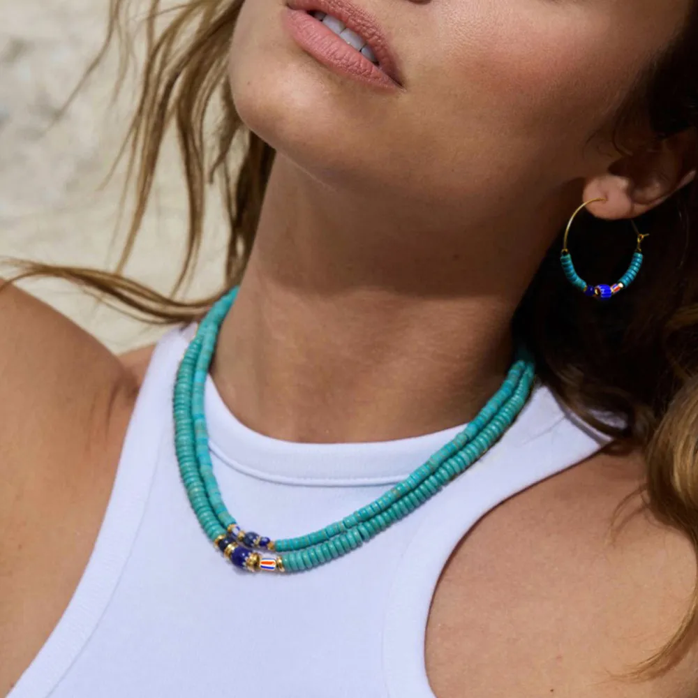 Women Fashion Simple Ethnic Turquoise Beaded Ball Chain Necklace