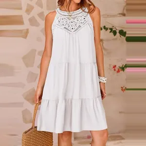 Summer Women Casual Hollow Sleeveless Dress Urban Wind Cotton Polyester Short Skirt