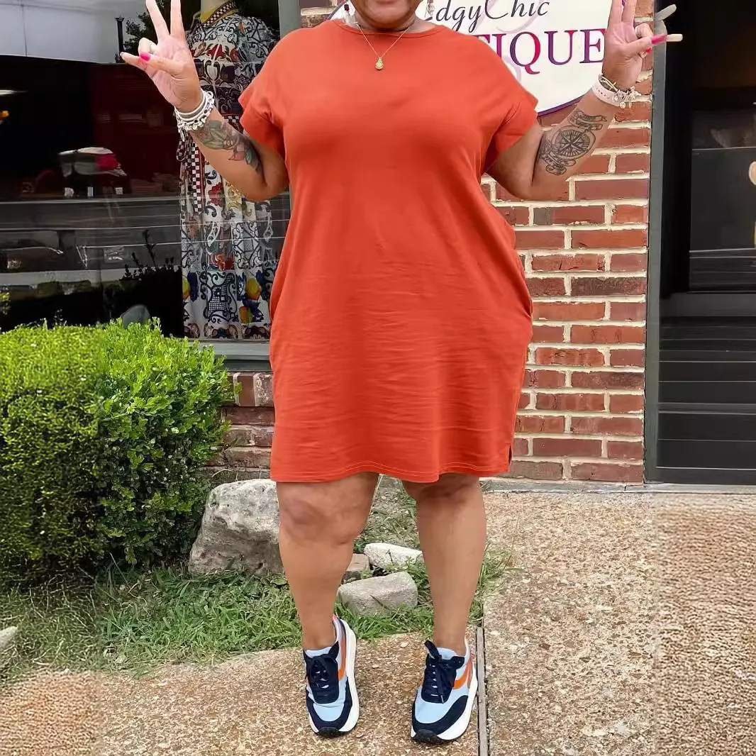 Summer Women Casual Solid Color Round Neck Short Sleeve Plus Size Pencil Dress