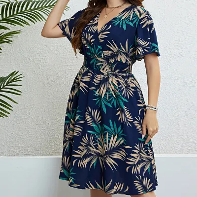 Summer Women Plus Size V-Neck Coconut Tree Printed Short Sleeve Retro Dress