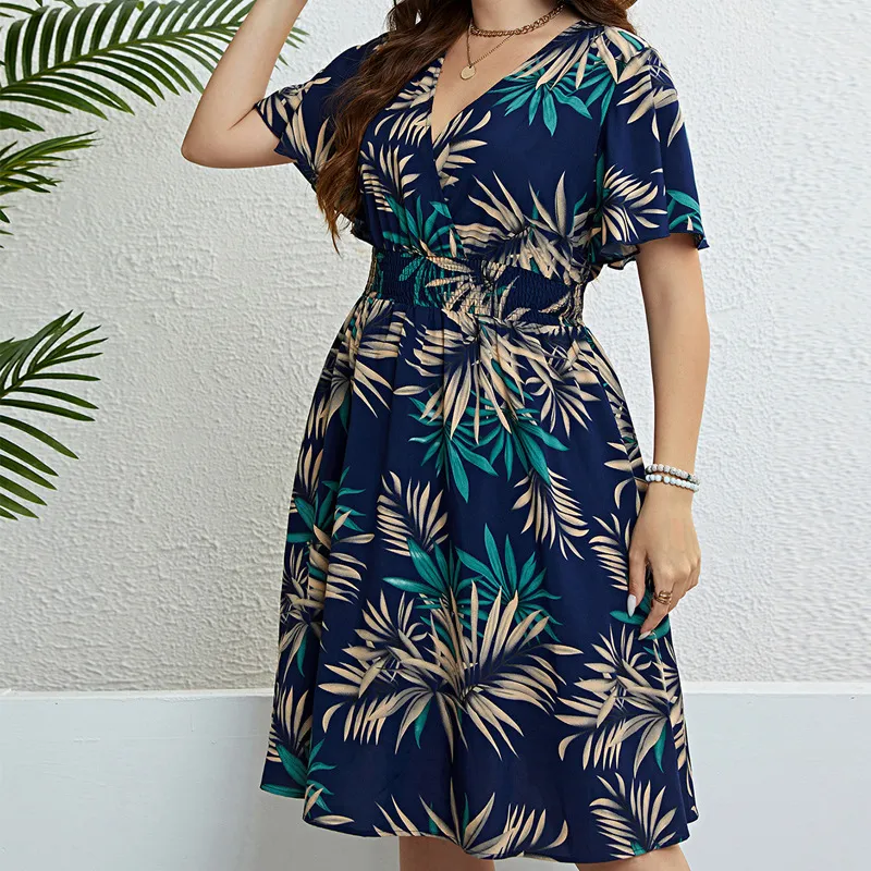 Summer Women Plus Size V-Neck Coconut Tree Printed Short Sleeve Retro Dress
