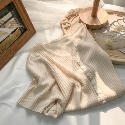 Summer Women Loose V-Neck Button Knitted Cardigan Top