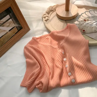 Summer Women Loose V-Neck Button Knitted Cardigan Top