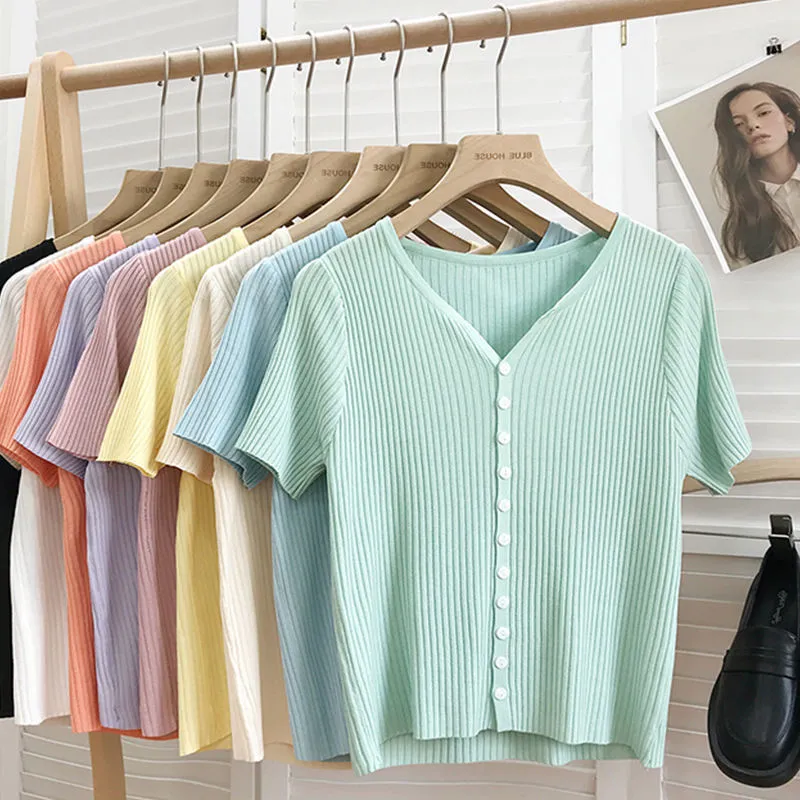 Summer Women Loose V-Neck Button Knitted Cardigan Top
