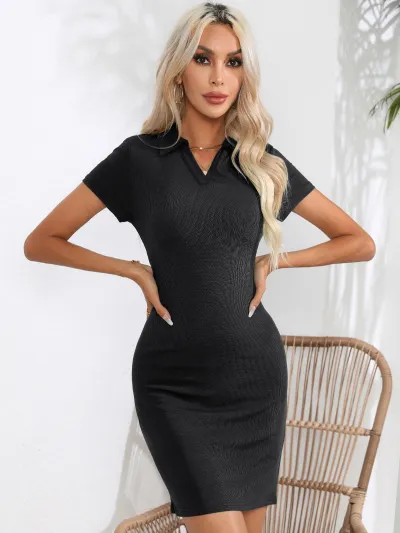 Summer Women Casual Solid Color V-Neck Short Sleeve Mini Dress