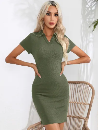 Summer Women Casual Solid Color V-Neck Short Sleeve Mini Dress