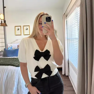 Women Sweet Cute V-Neck Bow Short Sleeve Pullover Sweater