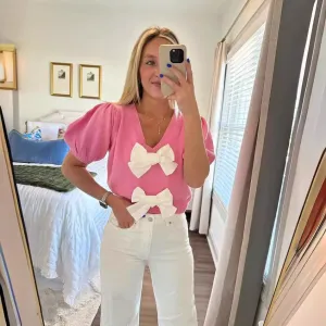 Women Sweet Cute V-Neck Bow Short Sleeve Pullover Sweater