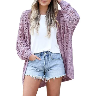 Women Fashion Long Sleeve Openwork Mohair Cardigan Sweater