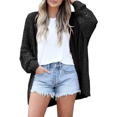 Women Fashion Long Sleeve Openwork Mohair Cardigan Sweater