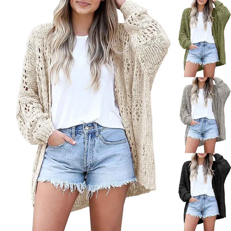 Women Fashion Long Sleeve Openwork Mohair Cardigan Sweater