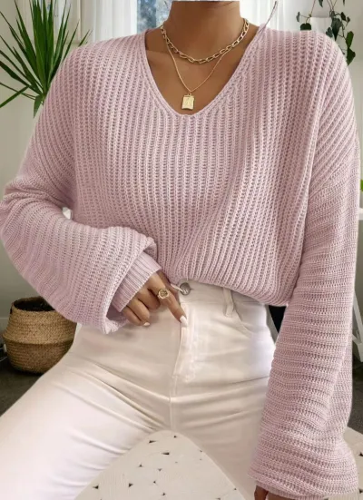 Autumn Winter Women Elegant Bat Sleeve V-Neck Long Sleeve Knitted Sweater