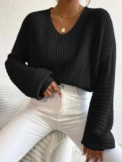 Autumn Winter Women Elegant Bat Sleeve V-Neck Long Sleeve Knitted Sweater