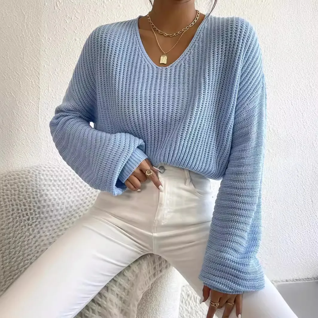 Autumn Winter Women Elegant Bat Sleeve V-Neck Long Sleeve Knitted Sweater