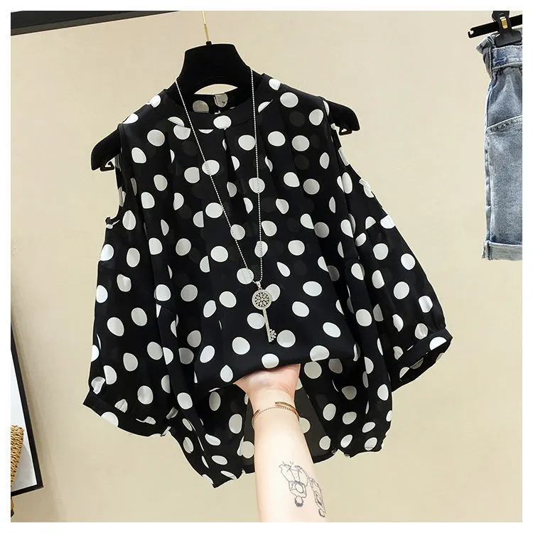 Women's Chiffon Blouse with Dot Print Short Sleeve Commuter Wind Style