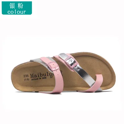 Women Casual Plus Size Belt Buckle Flat Cork Slippers