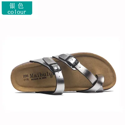 Women Casual Plus Size Belt Buckle Flat Cork Slippers