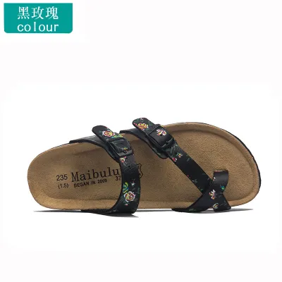 Women Casual Plus Size Belt Buckle Flat Cork Slippers
