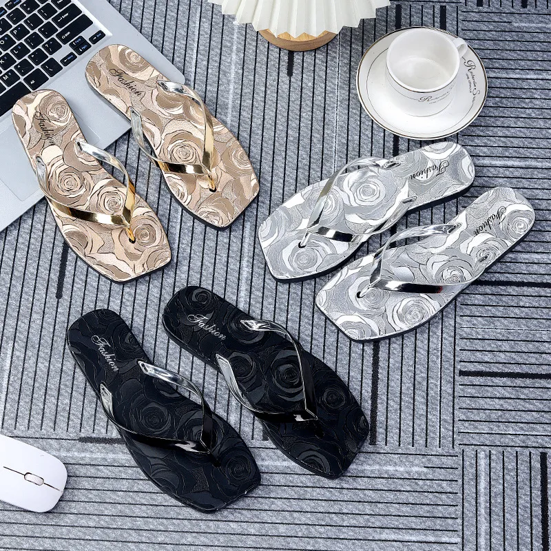 Summer Women Casual Plus Size Floral Print Square Toe Flat Thong Slippers