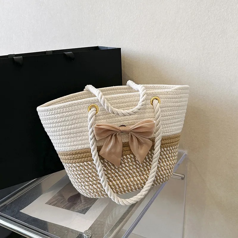 Women Fashionable Ethnic Style Straw Woven Bow Large Capacity Tote Bag