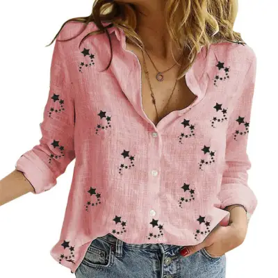 Women Casual Star Print Cotton Linen Long Sleeve Blouses