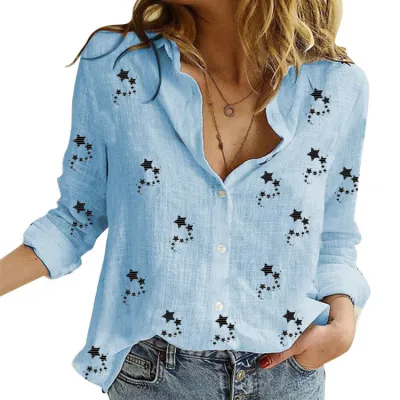 Women Casual Star Print Cotton Linen Long Sleeve Blouses