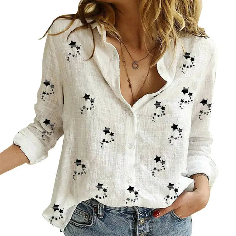 Women Casual Star Print Cotton Linen Long Sleeve Blouses