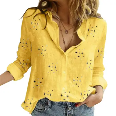 Women Casual Star Print Long Sleeve Cotton Linen Blouses