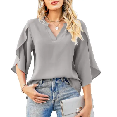 Women's Loose Fit V-Neck Chiffon Blouse Urban Wind Solid Color