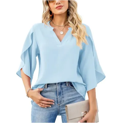 Women's Loose Fit V-Neck Chiffon Blouse Urban Wind Solid Color