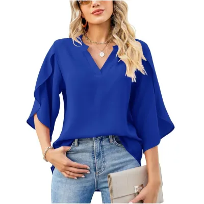 Women's Loose Fit V-Neck Chiffon Blouse Urban Wind Solid Color