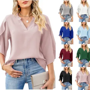 Women's Loose Fit V-Neck Chiffon Blouse Urban Wind Solid Color