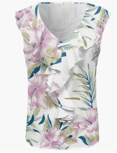 Women Floral Printed Sleeveless Chiffon Blouse V-Neck Slim Fit