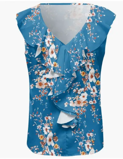 Women Floral Printed Sleeveless Chiffon Blouse V-Neck Slim Fit