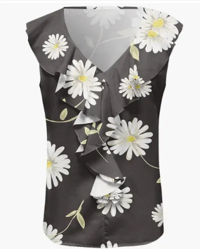 Women Floral Printed Sleeveless Chiffon Blouse V-Neck Slim Fit